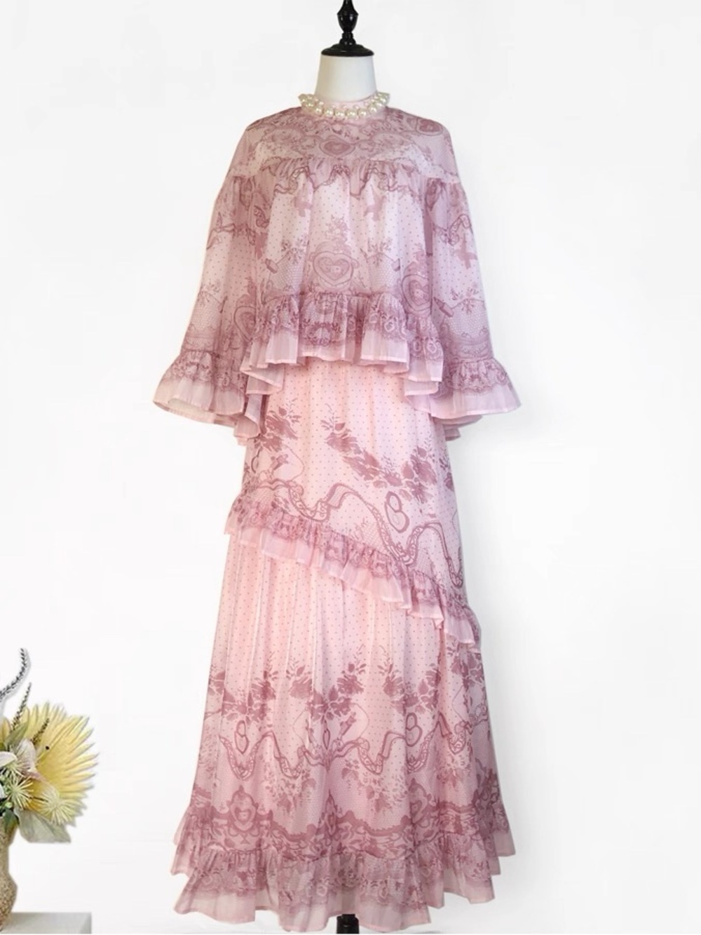 Designer-style Pink Ruffle Maxi Two-Piece Dress - Picture 2 of 12